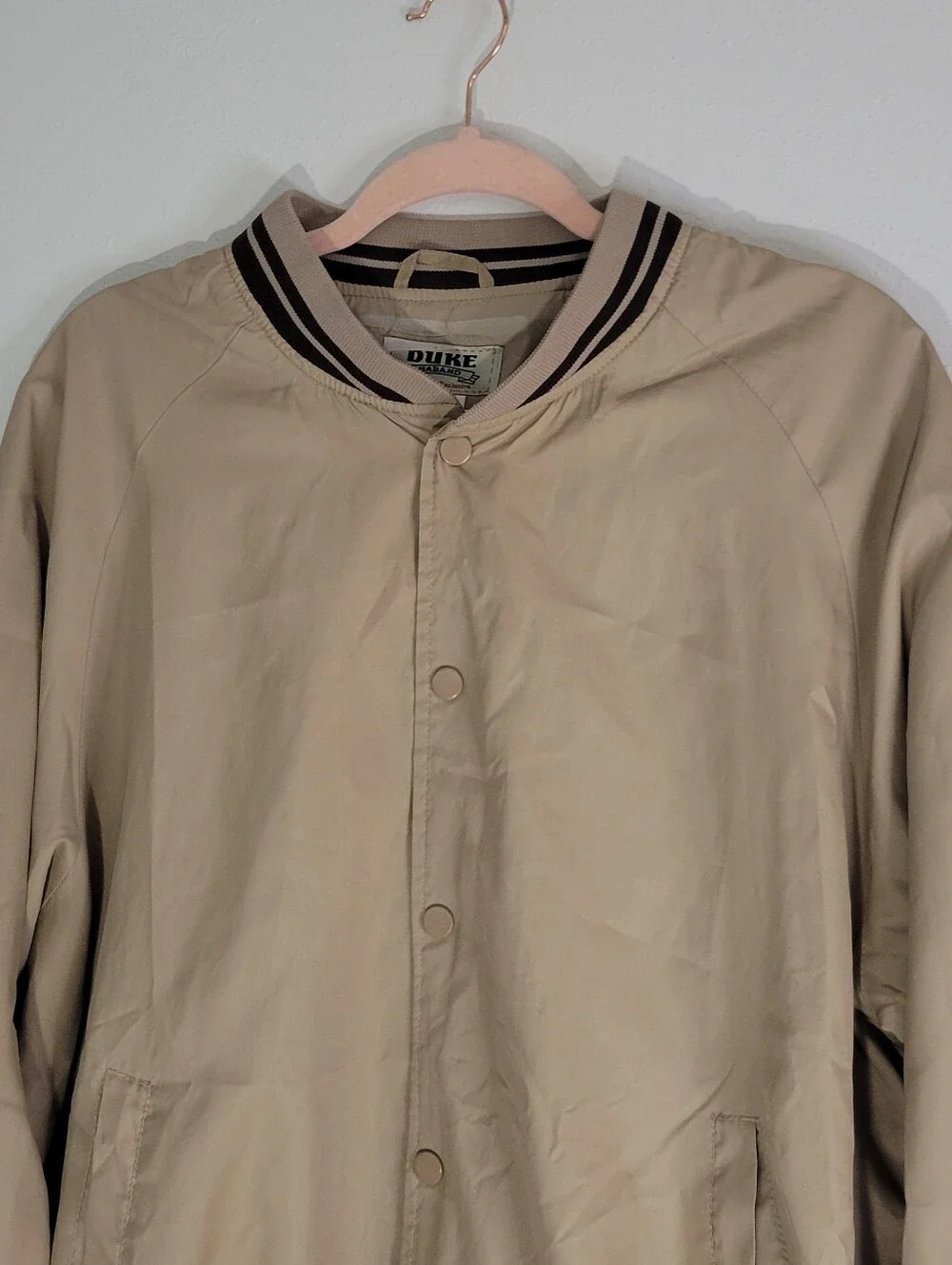 Duke Men's Beige Bomber Jacket with Contrast Stripe Trim Size M